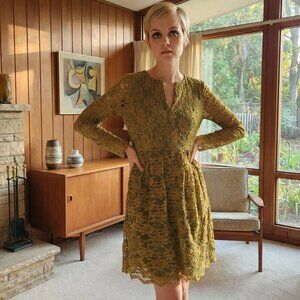 👗 VTG 60s Handmade Lace Dress Olive Mod Long Sleeve 🎯